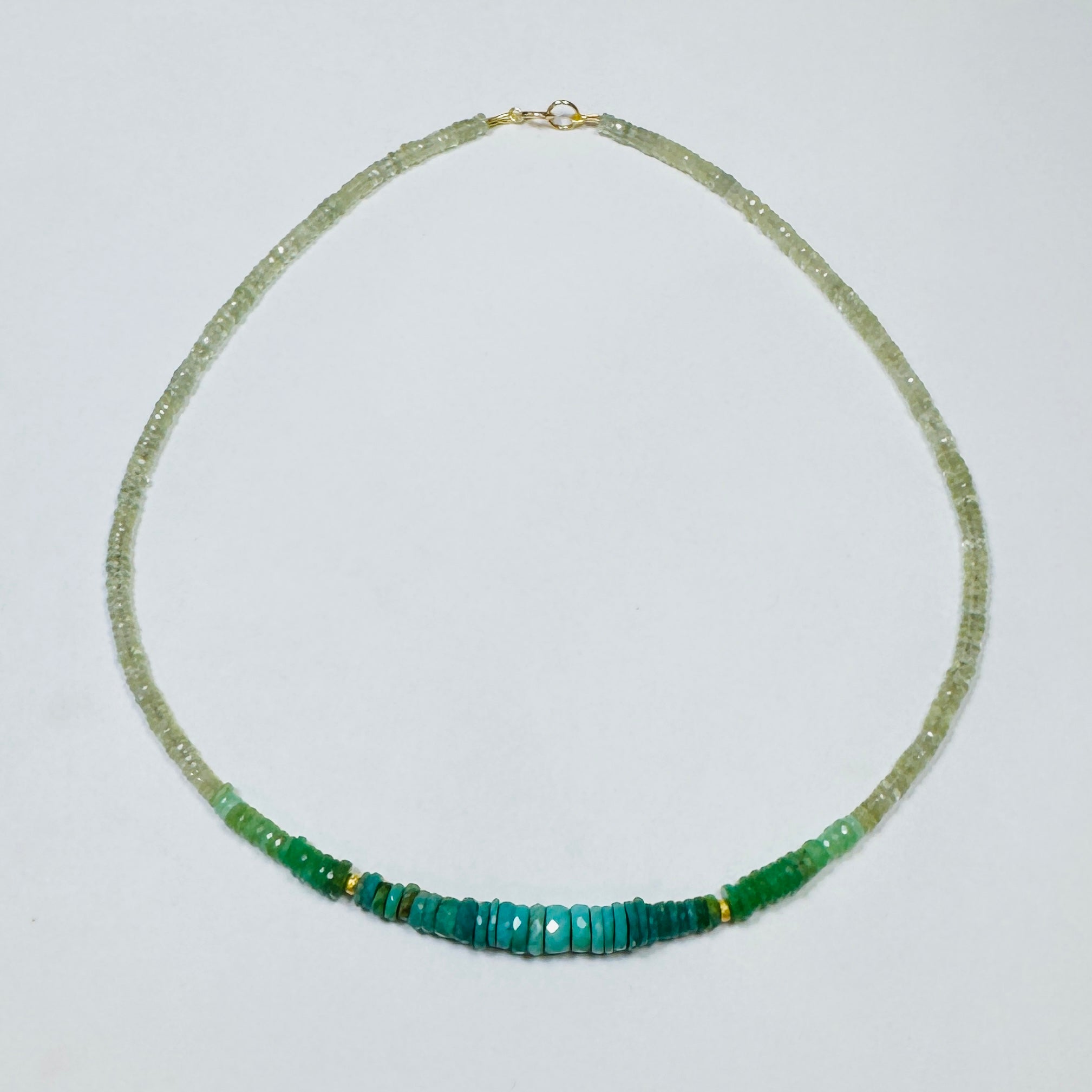 ombré prehnite, chrysoprase, and turquoise heishi necklace