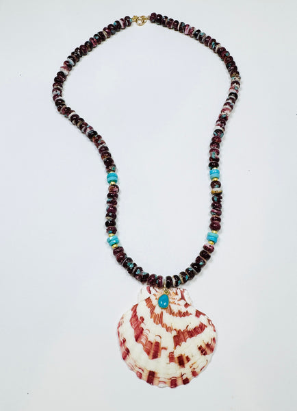 purple spiny oyster and turquoise necklace with shell pendant