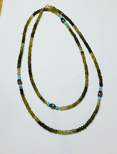 hessonite garnet, turquoise, smokey topaz, and gold layering necklace