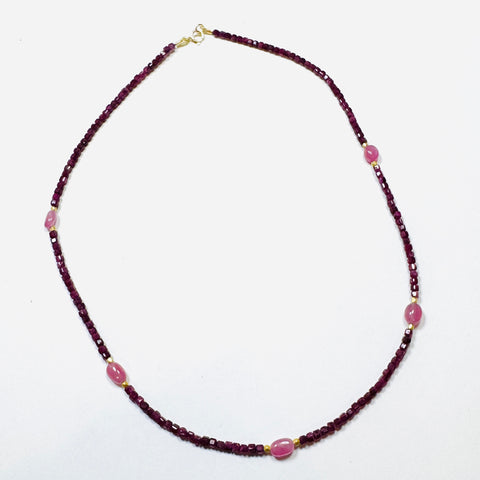delicate with ruby block, pink sapphire, and gold beads