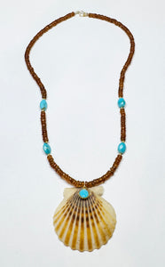 Hessonite and turquoise shell necklace with shell pendant