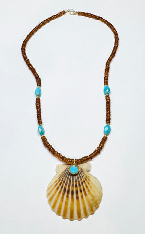 Hessonite and turquoise shell necklace with shell pendant