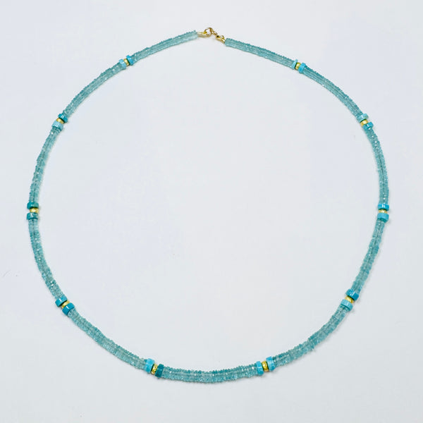 blue apatite heishi necklace with turquoise and gold beads