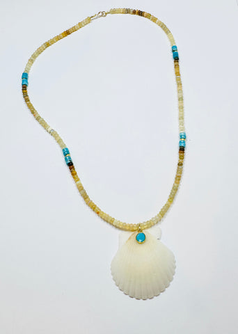 CN shaded yellow opal and turquoise necklace with shell pendant