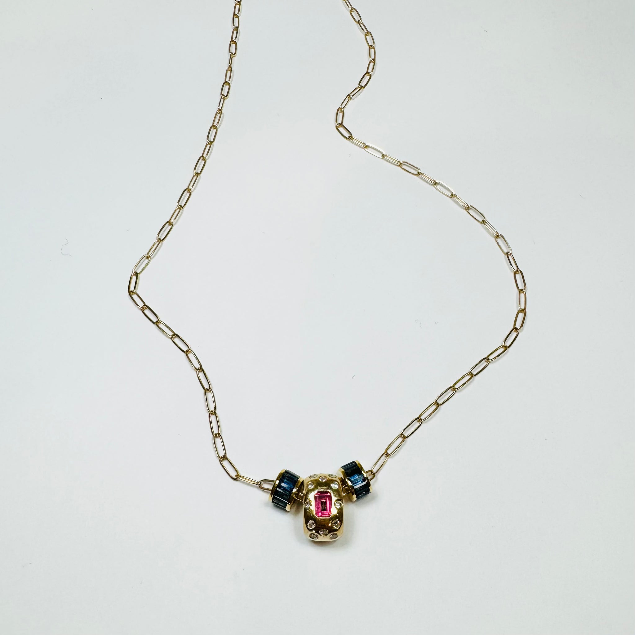 14 kt gold chain with misc beads, pink and blue sapphire