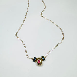 14 kt gold chain with misc beads, pink and blue sapphire