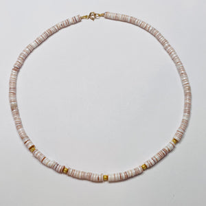 shell heishi and fluted gold bead necklace