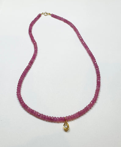 pink sapphire necklace with rough cut diamond teardrop charm