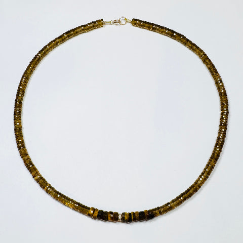 whiskey quartz heishi necklace with tigers eye and diamond barrel