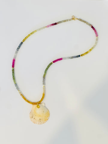 rainbow sapphire necklace with shell pendant