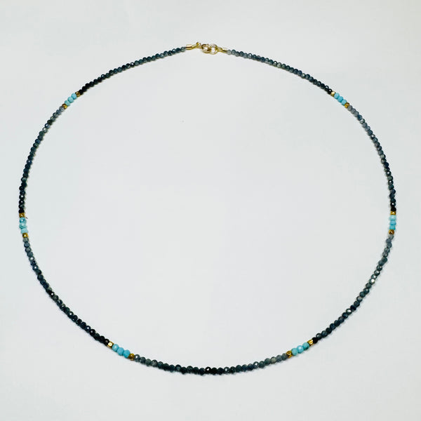 delicate blue sapphire necklace with turquoise and gold nuggets