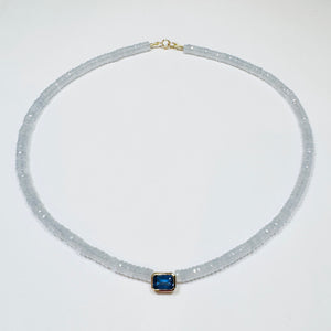 lavender chalcedony heishi necklace with bezel set blue sapphire