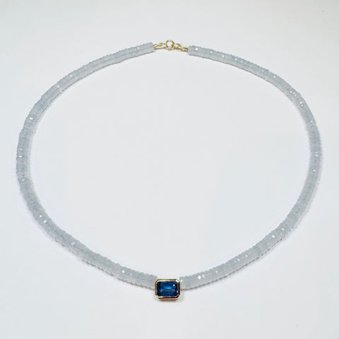 lavender chalcedony heishi necklace with bezel set blue sapphire