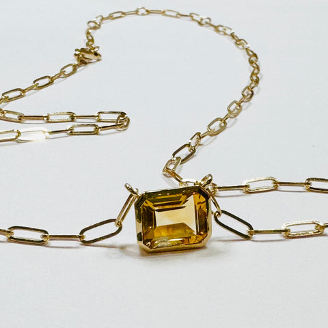 bezel set citrine on paperclip chain