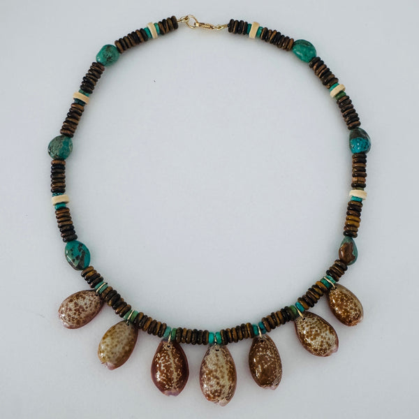 cowrie shell collar, turquoise and tigers eye