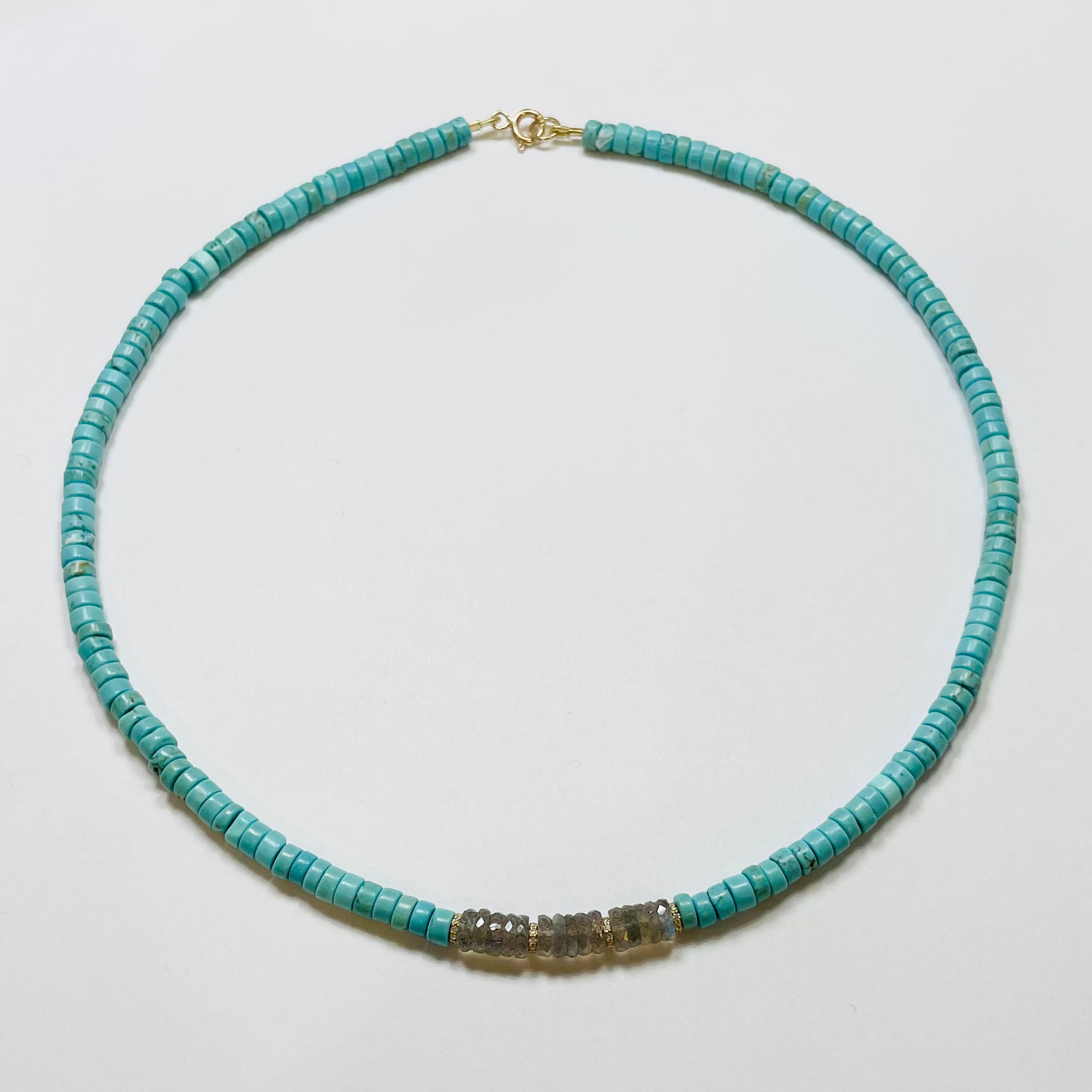 turquoise and labradorite necklace with gold beads