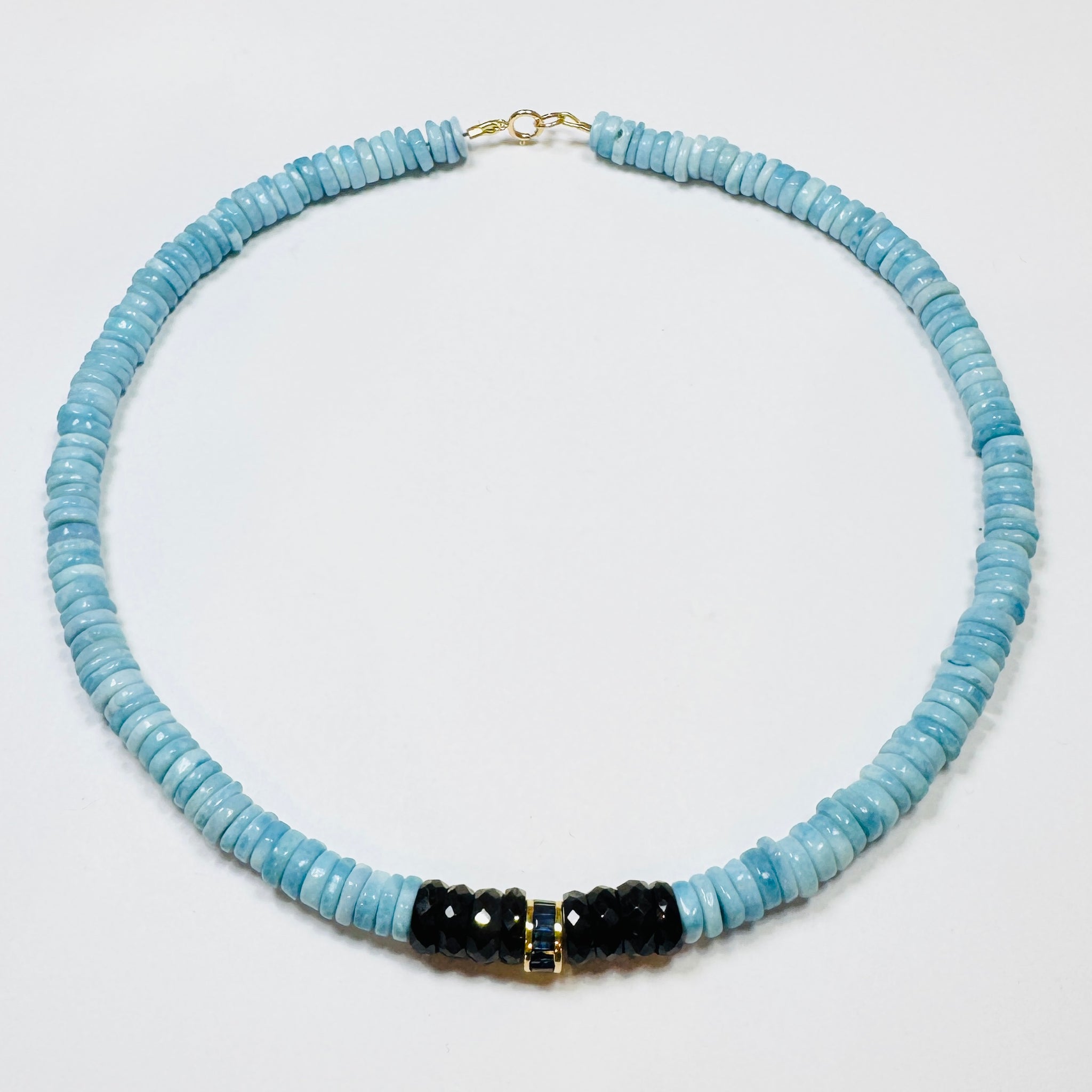 sapphire barrel and blue opal heishi necklace