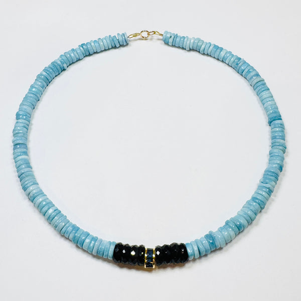 sapphire barrel and blue opal heishi necklace