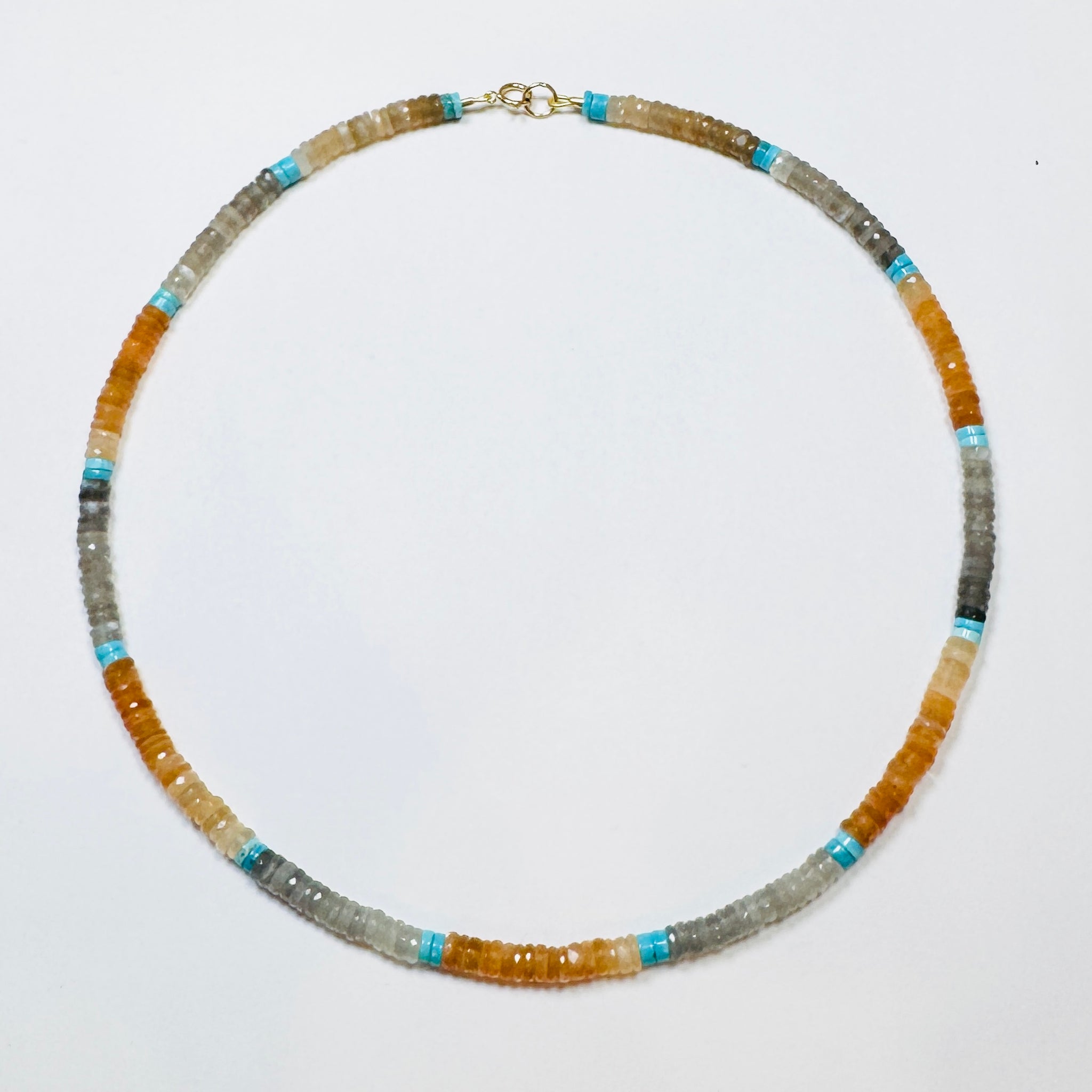 shaded peach and gray moonstone heishi with turquoise pop