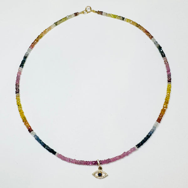 sapphire heishi with evil eye necklace
