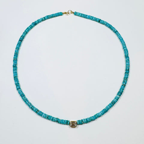 turquoise necklace with emerald cut bezel set diamond
