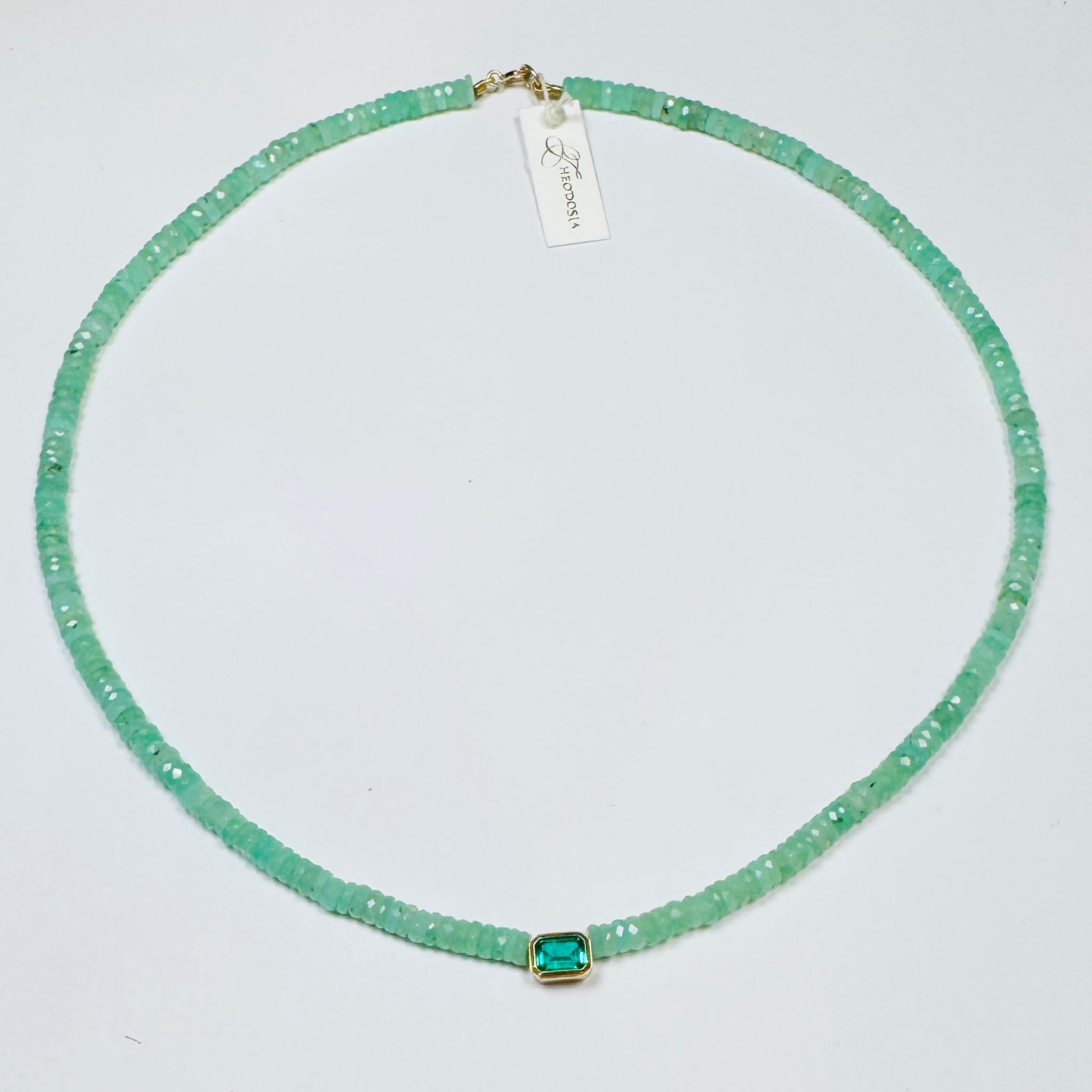 chrysoprase heishi necklace with bezel emerald