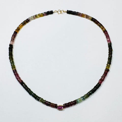 smooth tourmaline heishi necklace with bezel pink sapphire