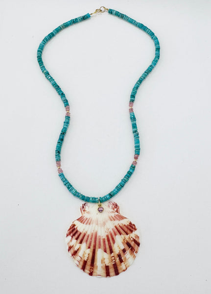 turquoise and raspberry tourmaline necklace with shell pendant