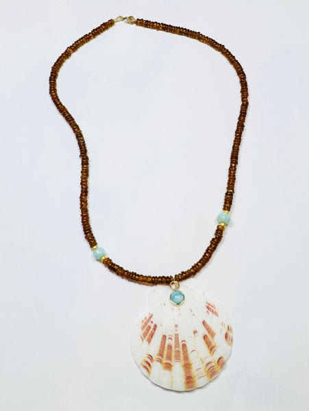 Hessonite garnet necklace with shell pendant