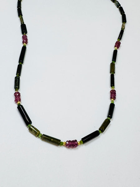 tube tourmaline necklace with garnet heishi, five station