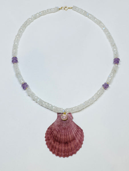 moonstone and amethyst necklace with shell pendant
