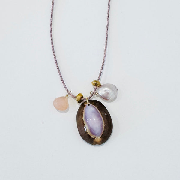 Kumihimo silk cord charm necklace, lavender with pearl, peach chalcedony, and purple cowrie shell