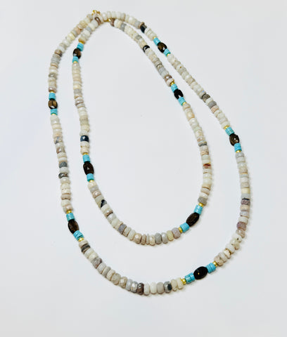 Australian opal, turquoise, smokey topaz, and gold layering necklace