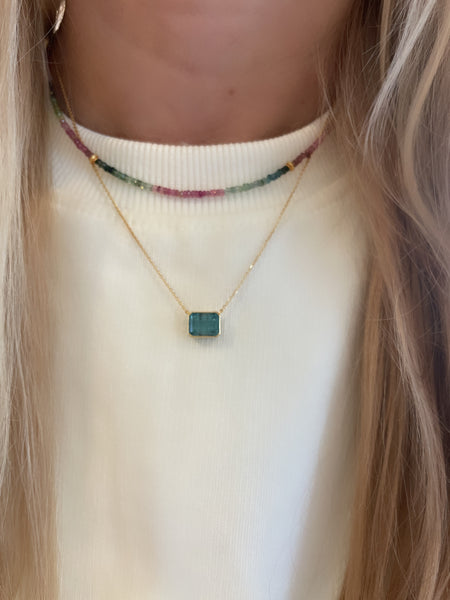 bezel set teal emerald necklace