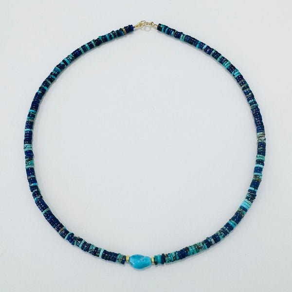 turquoise and lapis heishi necklace with center focal