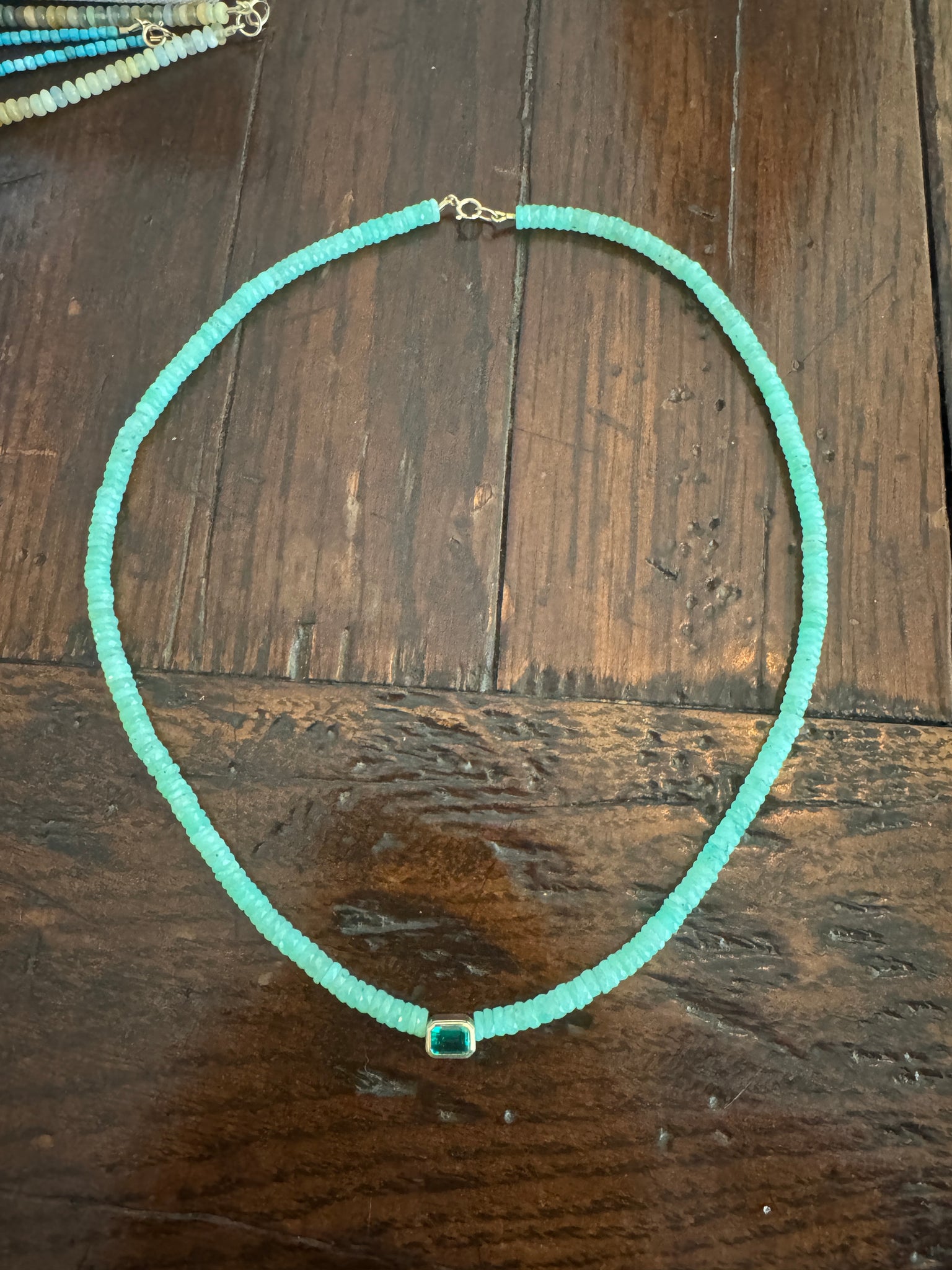 chrysoprase heishi necklace with bezel emerald