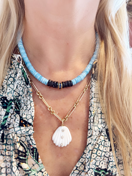 sapphire barrel and blue opal heishi necklace