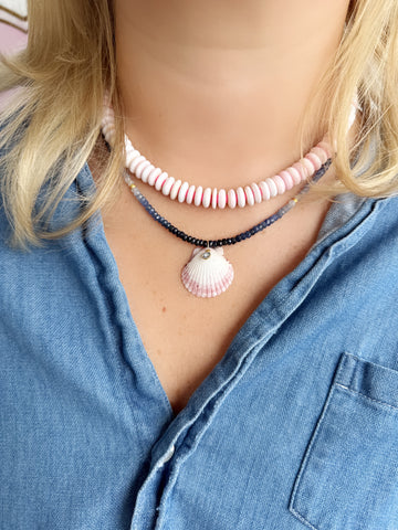 shaded blue sapphire necklace with shell pendant