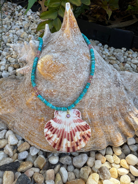 turquoise and raspberry tourmaline necklace with shell pendant