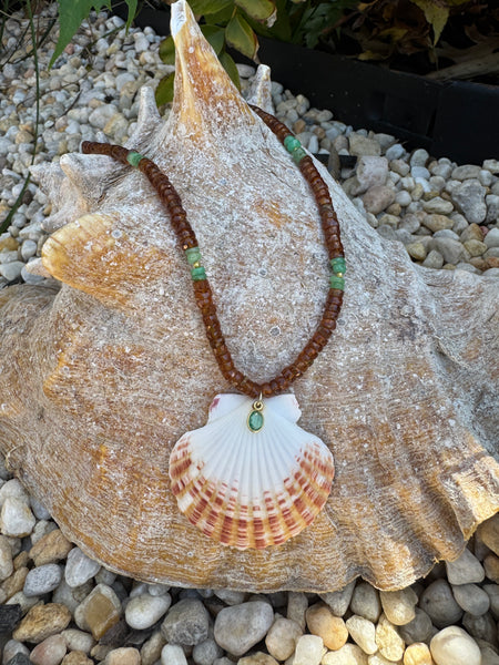 Hessonite garnet and chrysoprase tourmaline necklace with shell pendant