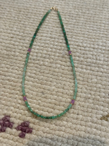 delicate chrysoprase necklace with pink sapphire and gold nuggets