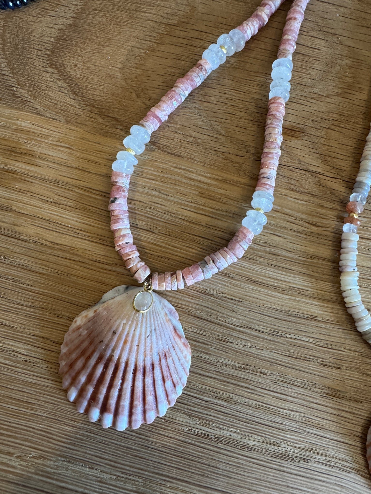 rhodochrosite and moonstone necklace with shell pendant