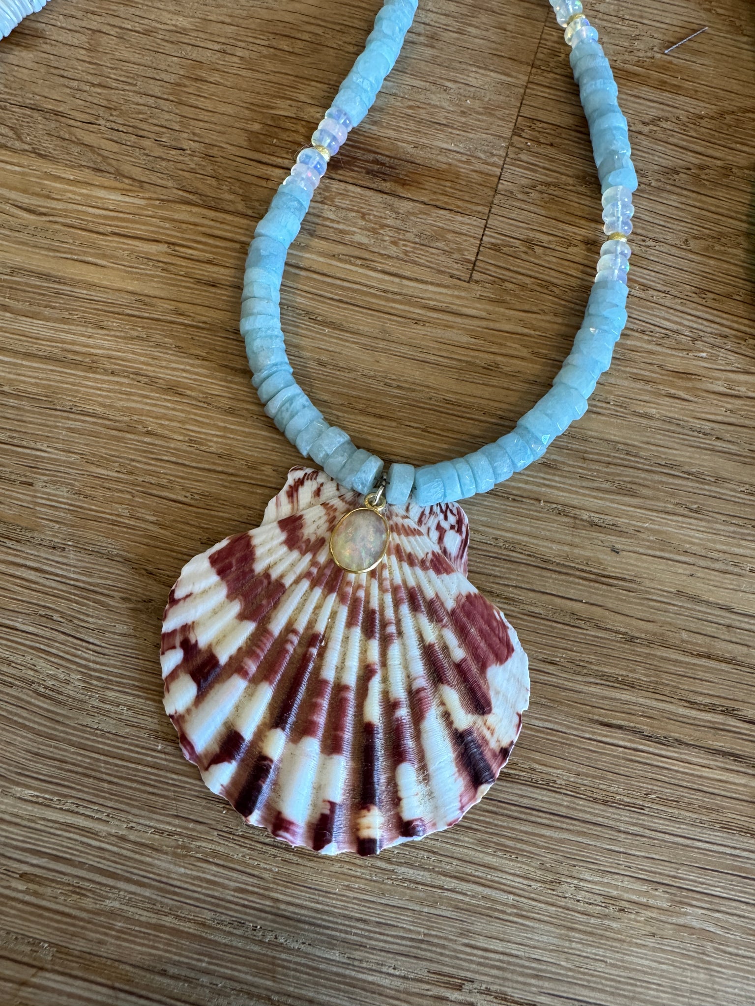 blue opal and moonstone necklace with shell pendant