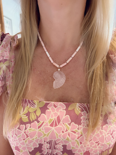 tube conch necklace with rose quartz nautilus pendant