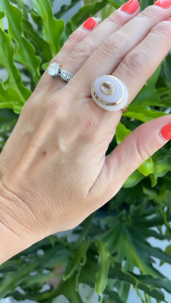 olive ring, pink opal and morganite