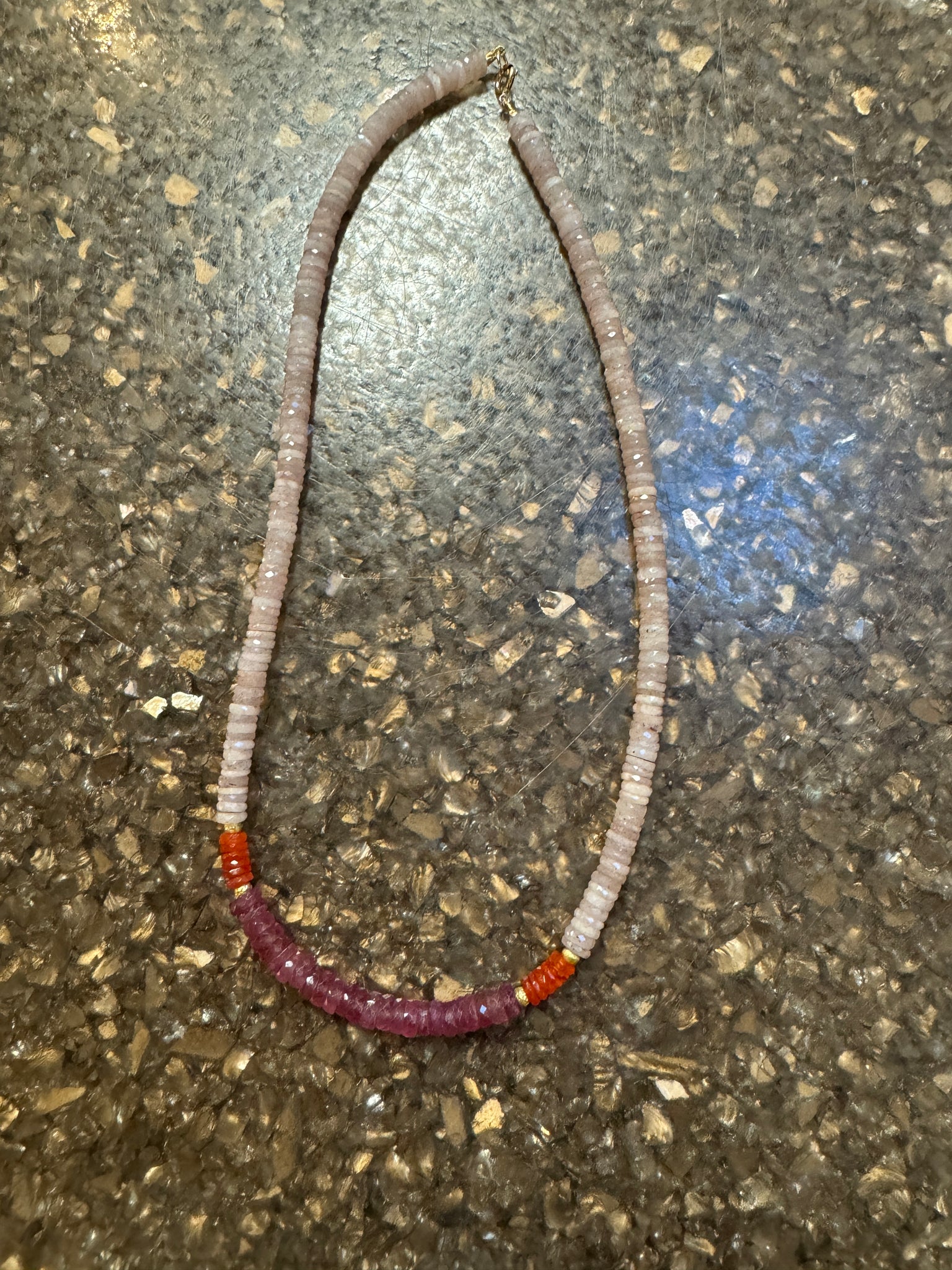 color blocked pink opal and pink sapphire heishi necklace