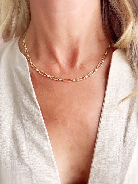 bezel set diamond paperclip necklace