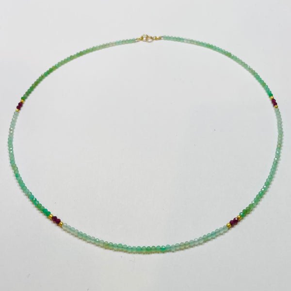 delicate shaded chrysoprase necklace with ruby and gold nuggets