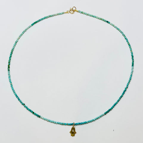 delicate shaded turquoise necklace with hamsa charm