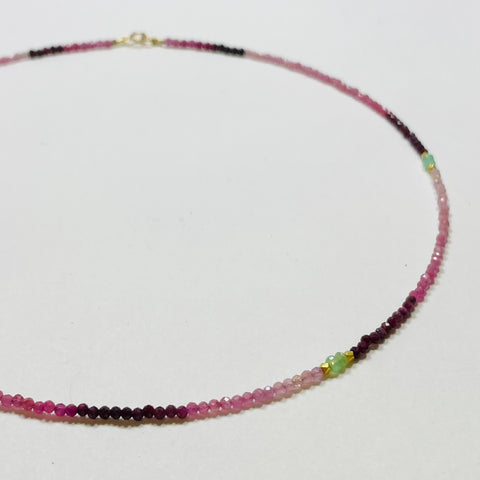 delicate shaded ruby necklace with chrysoprase and gold nuggets